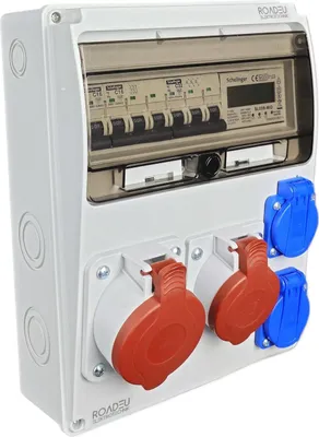 Produktbild von RoadEu Wandverteiler Baustromverteiler mit Stromzähler CEE Steckdose 16A und 32A, 2x Schuko 230V. Stromverteiler mit Zähler und Leitungsschutzschalter