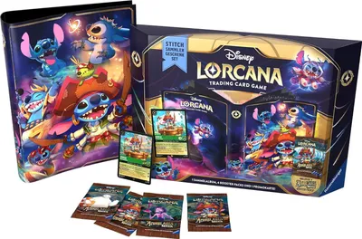 A Disney Lorcana trading card game collector's gift set featuring Stitch, including a binder, booster packs, and promotional cards.