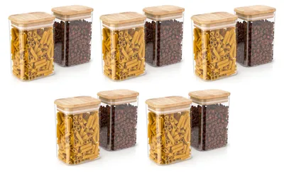Productafbeelding van Arendo voorraadpotten met bamboe deksel, 10 stuks van 1200 ml, luchtdicht met siliconen afdichting, rechthoekige glazen containers van borosilicaatglas, geschikt voor temperaturen van -40 tot 400 °C, transparant