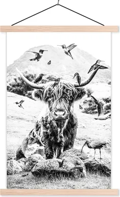 Produktbild von MuchoWow® Textilposter Schottisches Hochlandrind - Tiere - Berg 60x90 cm mit holzfarbenen Rahmen - Textil