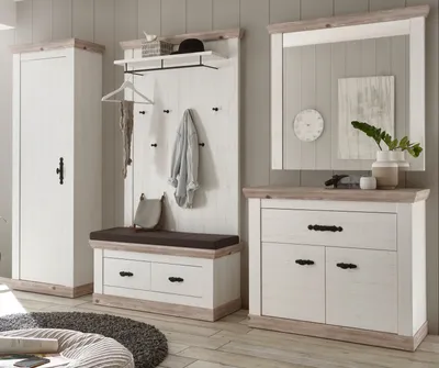 Produktbild von Garderobenkombination "Rovola" Pinie weiß / Oslo Pinie Landhaus Garderobe Set 5-tlg.