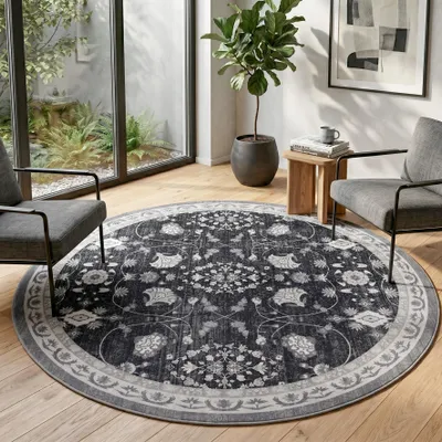 Image de Homebyhome Tapis lavable vintage tapis rond salon chambre design oriental entretien facile Taille: 120 cm rond