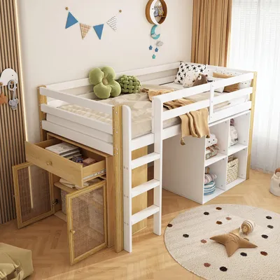 Productafbeelding van Kinderbed met een afmeting van 90x200 cm, voorzien van een ladder, 2 opbergkasten en extra opbergruimte, multifunctioneel éénpersoonsbed, naturel/wit, hout