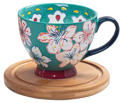 Keramikbecher 450 ml, Relief-Blumenmuster, pfauengrün