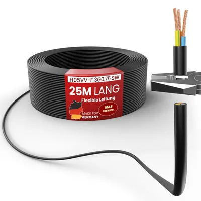 Obrázok produktu pre 25 m Hadicový kábel H05VV-F 3G0,75 Čierny flexibilný kábel Kábel pre spotrebiče