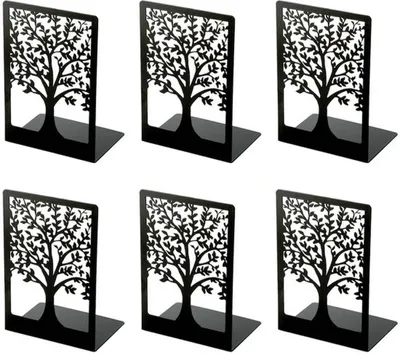 Produktbild von Azomor® Set von 6 schwarzen Metallbuchstützen mit Lebensbaum-Design für Zuhause und Büro
