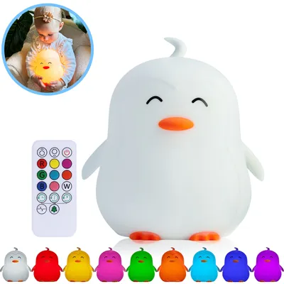 Produktbild von Kadoing® Pinguin Nachtlicht (Groß) - mit Tippfunktion und Fernbedienung - wiederaufladbar - Babylampe - Kinderlampe - Nachtlampe - Kinderspielzeug