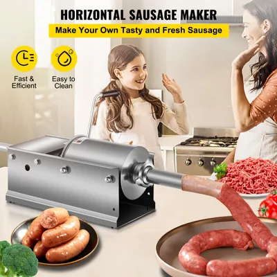 Produktbild von Wurstfüller 3 L Edelstahl, Wurstmaschine, Wurstspritze horizontal, Silber | 25 x 26 x 47,5 cm | 5 Füllrohre | 304 Edelstahl SGS