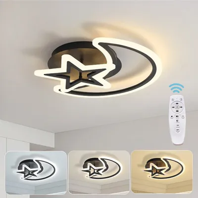 A modern LED ceiling light shaped like a moon and star, shown on a white ceiling. The image includes a remote control and three smaller inset images showing different light color temperatures.