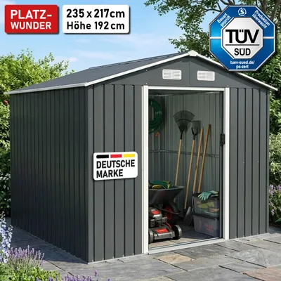 Produktbild von BRAST Gerätehaus Geräteschuppen Metall | 235x217x192 | Satteldach | Gartenhaus mit Doppelschiebetür | Anthrazit | wetterfest wasserdicht