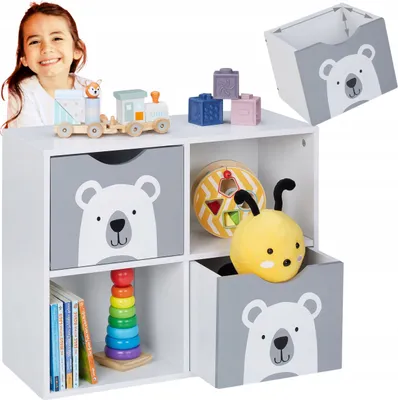 Produktbild von Dětský regál MIŠ na hračky a knihy se šedými boxy – Relaxdays, MDF, 60x48x24,5 cm, snadná montáž!