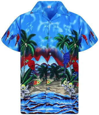 Produktbild von Hawaii-Hemd - Kurze Ärmel - Blau mit Papageienmuster - Größe S