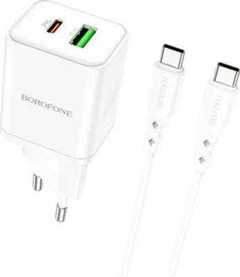 Image de Borofone Chargeur mural BN7 - USB + Type C - QC 3.0 PD 20W avec câble Type C vers Type C blanc