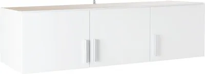 A white wall cabinet with three doors.