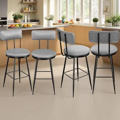 Obrázek produktu pro Barové židle, sada 4 kusů, kuchyňské židle s opěradlem a podnožkou, industriální design, kovová konstrukce, snadná montáž, výška sedáku 65 cm, materiál: PU, barva: tmavě šedá (4 kusy, tmavě šedá)