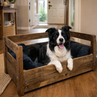 Produktbild von Hundebett aus Massivholz 90x57x45 cm – Braun, Natur oder Geflammt – Optional mit Kissen – Selbstmontage Braun inkl. Kissen