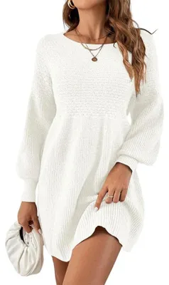 Immagine prodotto di Abito da donna, taglio alto, in maglia, con maniche a sbuffo, modello a trapezio, miniabito, casual/comodo, tipo maglione