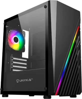 A black computer case with a clear tempered glass side panel, showing a colorful RGB fan inside and RGB lighting on the front.