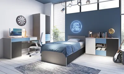 Produktbild von Jugendzimmer Set mit Schreibtisch und Sideboard LIIVA-129 in grau mit schwarz, weiß, blau
