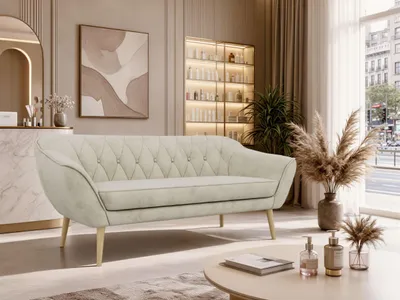 Produktbild von MKS MEBLE Skandinavisches Sofa 3-Sitzer, Sofa mit Wellenfederung, Buche Füße, Breite 180 cm Couch mit Holzbeinen - Beige Velvet