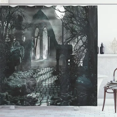 Produktbild von ABAKUHAUS gotisch Duschvorhang, Vollmond Mittelalterlichen Tempelruinen bei Nacht, 175 x 240 cm, Blau grau