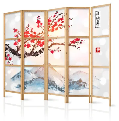 Obrázek produktu pro Japonský paravan, 5 dílů, rozdělovač prostoru, skládací, prémiová netkaná textilie, motiv: sakura, hora Fuji, vhodný do ložnice, rozměry: 225 cm x 172 cm