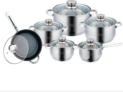 A set of stainless steel cookware with glass lids, including pots and a frying pan, arranged on a white background.