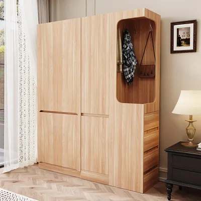 Image de MODFU Armoire - Garde‑Robe Ouverte avec Compartiments Suspendus et Tiroirs Pratiques, Meuble de Rangement Bois pour Chambre, 140x40x170 cm, Naturel