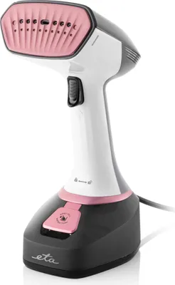 A handheld garment steamer is shown against a white background.