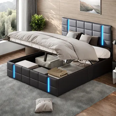 Zdjęcie produktu dla Łóżko dwuosobowe ProximaX 160x200 cm w czarnej skórzepoliuretan z oświetleniem LED, portem USB i schowkiem pod materacem - nowoczesne łóżko tapicerowane z komfortem i funkcjonalnością
