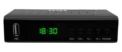 A black digital set-top box with a green digital display.