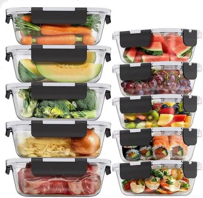 Produktbild von Gläserne Lebensmittelbehälter mit Klickverschlüssen, lecksichere Verschlüsse, wiederverwendbar, mikrowellenbeständig, BPA-frei, Lunchbox-Set (10 Behälter und 10 Verschlüsse), 1040 ml und 370 ml.