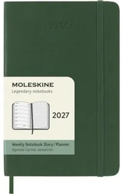 Zdjęcie produktu dla Kalendarz tygodniowy Moleskine na 12 miesięcy 2027, format kieszonkowy/A6, 1 tydzień = 1 strona, strona z liniami po prawej stronie, miękka okładka, kolor zielony mirtowy