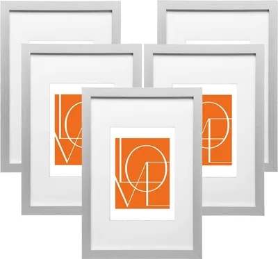 Produktbild von WOLTU 5er Set Bilderrahmen Fotorahmen Holzrahmen, Fotogalerie mit Papier-Passepartout, aus MDF Platte Silber, 15x20 cm