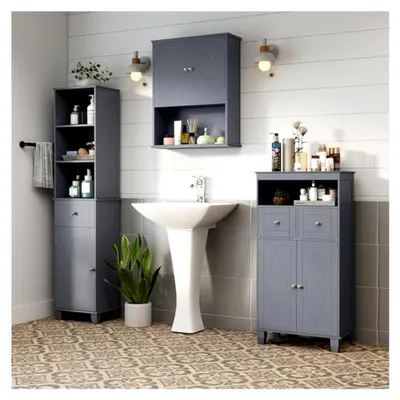 Produktbild von Badezimmerschrank mit 2 Türen und 2 Schubladen, freistehender Aufbewahrungsschrank mit verstellbarem Regal, Badkommode für Flur und Wohnzimmer, 56 x 30 x 108 cm (Grau)