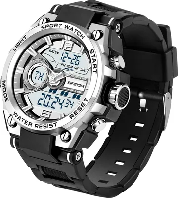 Productafbeelding van Heren sportklok, analoog-digitaal, 5ATM waterdicht, met stopwatch, alarm, LED-licht, dubbele tijdweergave, kalender en militair design