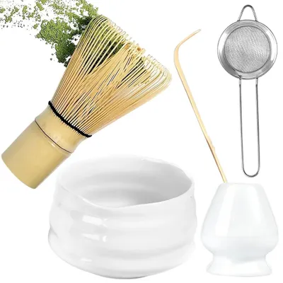 Produktbild von Matcha-Tee-Set - 5-in-1 - Keramik - Schneebesen, Löffel, Sieb, Halter und Schale