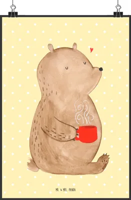 Produktbild von Mr. & Mrs. Panda Bild Bär Kaffee DIN A2 - Gelb Pastell - Geschenk, Teddy, wanddeko, Coffee, drucke, Guten Morgen, Plakat, Motivation, kunstdruck poster, Wandbild, Bären