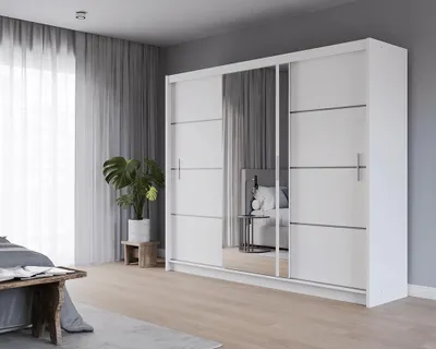 Produktbild von Krudox PRVTA Schwebetürenschrank Weiß mit Spiegel 250 cm Kleiderschrank mit Kleiderstange