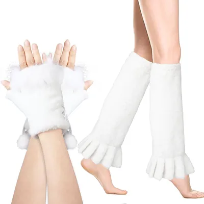 Produktbild von Warme Beinlinge für Damen – Knielange Beinwärmer und Handschuhe-Set – Weiß