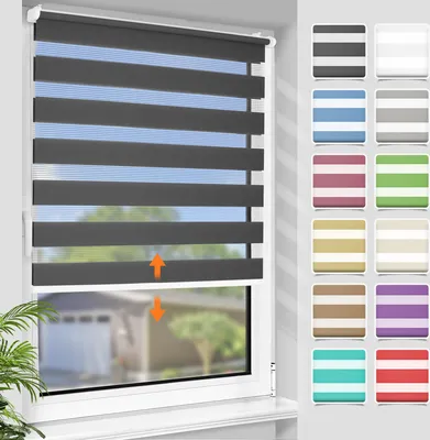 A window with a gray roller blind and a selection of other blind color options displayed to the right.
