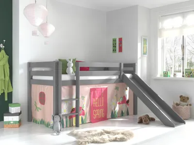 Image de Vipack lit de jeu Pino incl. toboggan avec set textile rideau "Spring