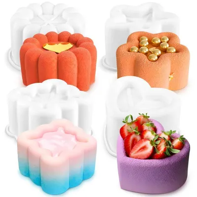 Produktbild von Silikon Backform Set 4 Stück Quadrat Stern Herz Blume Antihaft Muffinform für Kuchen Pudding Schokolade Gelee