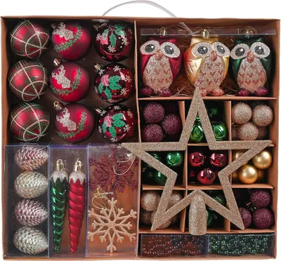 90 Weihnachtskugeln, Rot/Grün/Gold, Plastik, für Weihnachtsbaum