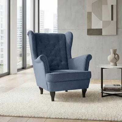 Image de Fauteuil à oreilles avec piqûres, fauteuil style Chesterfield FALCO (tissu : Raven 86 - bleu foncé, couleur des pieds : wengé)