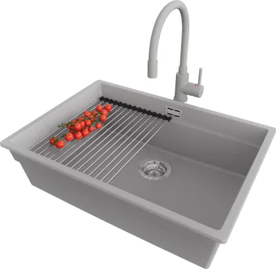 Produktbild von PRIMAGRAN Unterbauspüle Granit Grau 66x47cm, Spülbecken 1 Becken + Ablauf-Set + Küchenzubehörset, Granitspüle ab 70er Unterschrank - Praga