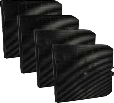 Four black carbon filters arranged in a staggered formation against a white background.