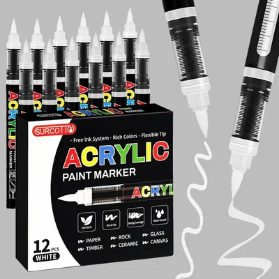 Productafbeelding van Witte acrylverfpennen - Acrylmarkers - Set van 12 - Acryl penseelmarkers - Acrylverf op waterbasis pennen - Verfmarkers penseeltips voor volwassenen