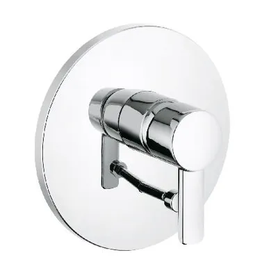 A chrome shower valve with a round escutcheon plate and a lever handle.
