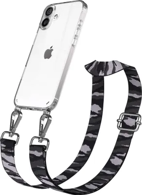 Produktbild von EAZY CASE Handykette - Verstellbarer Trageriemen kompatibel mit Apple iPhone 16 Plus, Handykordel mit transparenter Silikon-Hülle, Karabiner Silber, Camouflage Style, Band in Grau